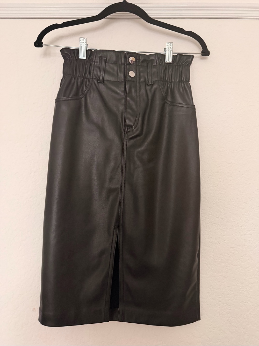 Black Faux Leather Paperbag Waist Pencil Skirt